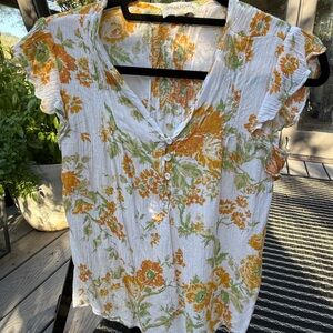 Cynthia Rowley Ruffled Tie Front Blouse White Orange Green Sunflower Cap Sleeve